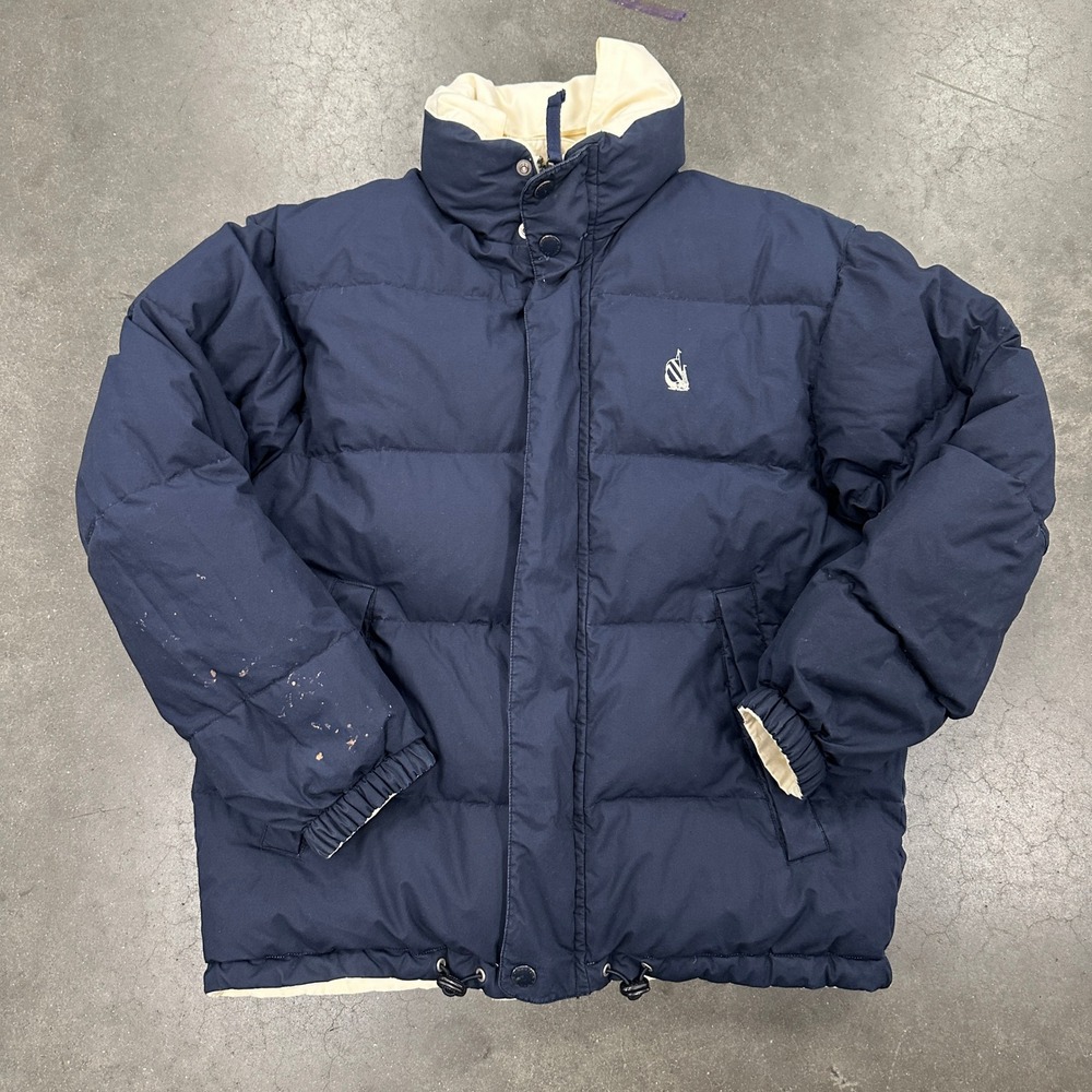 Vintage 90s Nautica Reversible Hooded Down Puffer Jacket Mens S Cream Navy Blue